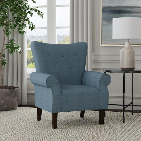 Accent Chair in Navy Blue Textured Woven Fabric with Rolled Arms