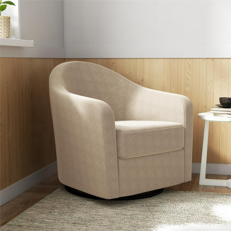 Accent Chair in Taupe Boucle Fabric with Curved Barrel Back and Swivel