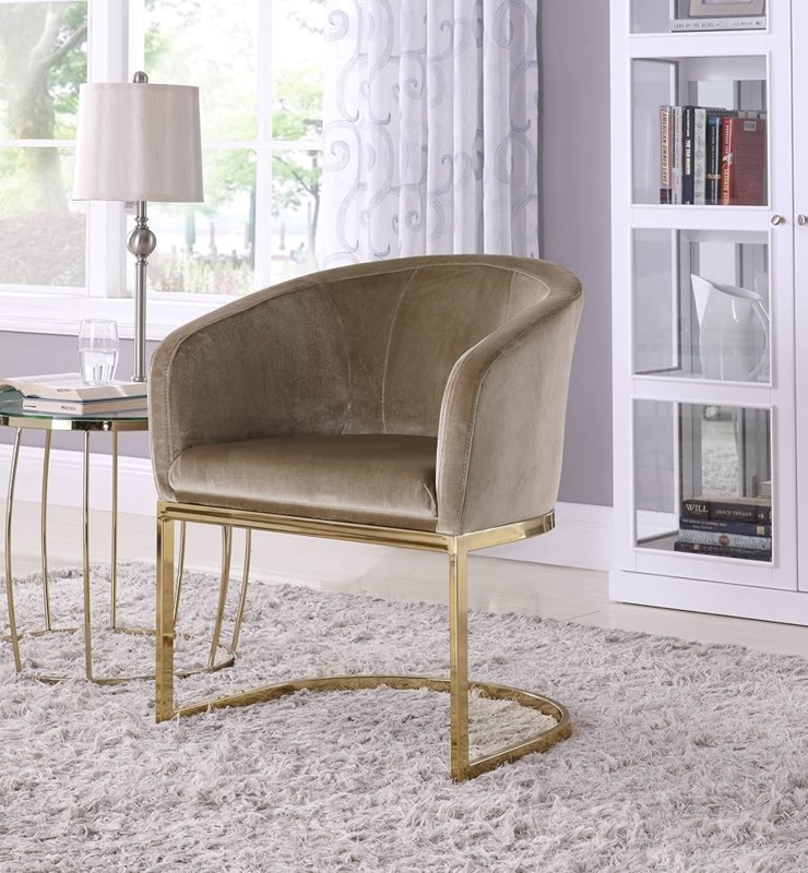 Accent Chair in Taupe Velvet with Gold U-Shaped Base and Channeled Back