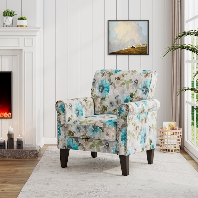 Accent Chair in Teal Upholstery with Rolled Arms and Pewter Nailheads