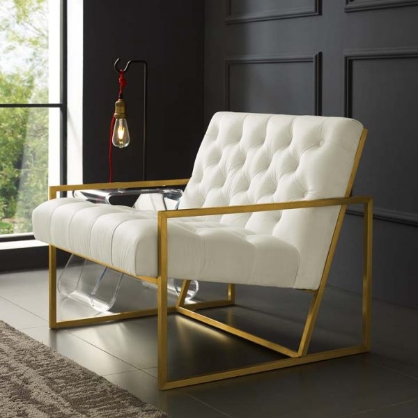 Accent Chair Ivory Velvet-Like Polished Gold Angular Frame