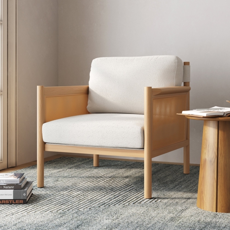Accent Chair, Japandi Style, Scoop Back Silhouette, Tapered Wood Legs