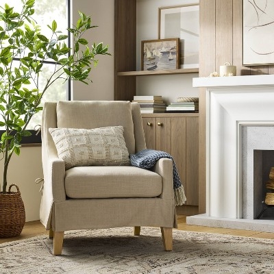 Accent Chair Khaki Slipcover Skirt Track Arms Tailored
