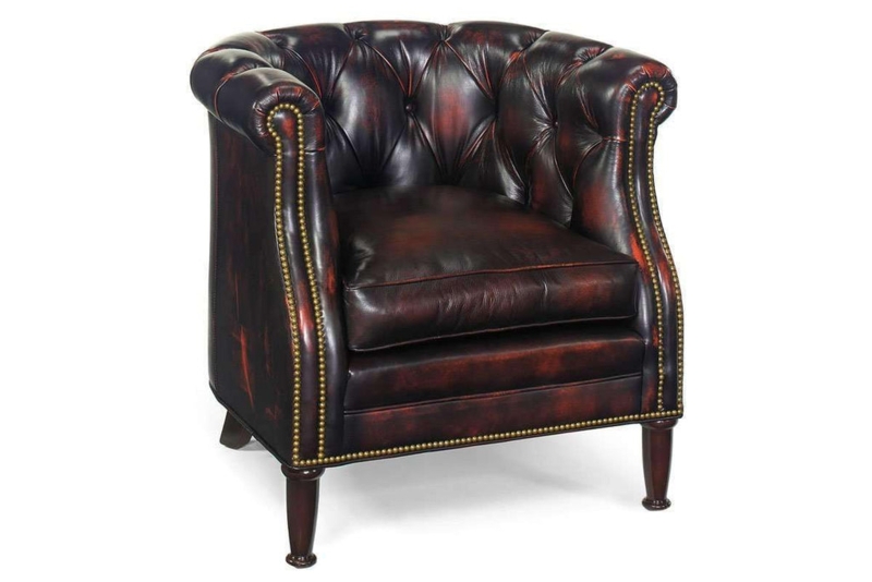 Accent Chair Leather-Like Chesterfield Tub Silhouette Brass Trim