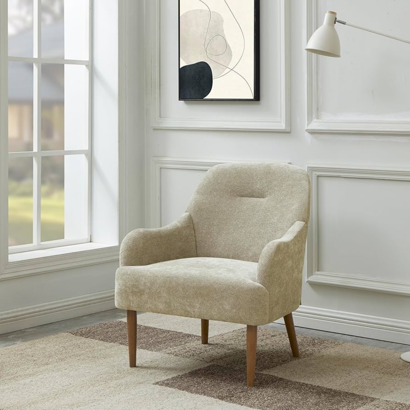 Accent Chair Light Grey Chenille Texture Boxy Silhouette Tapered Legs