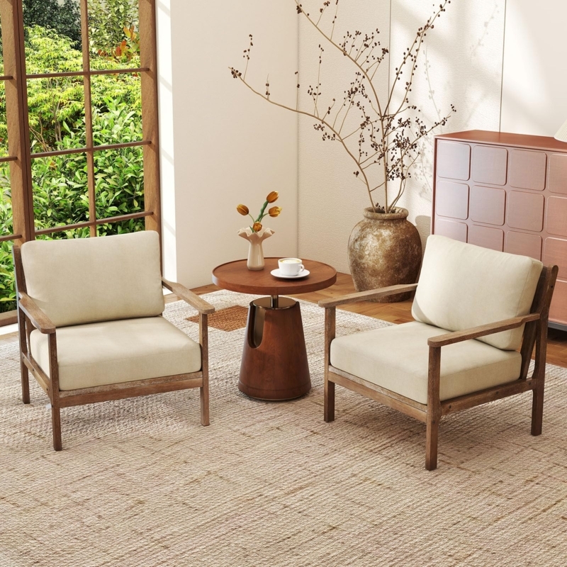 Accent Chair Light Grey Linen-Look Removable Cushion Wood Frame