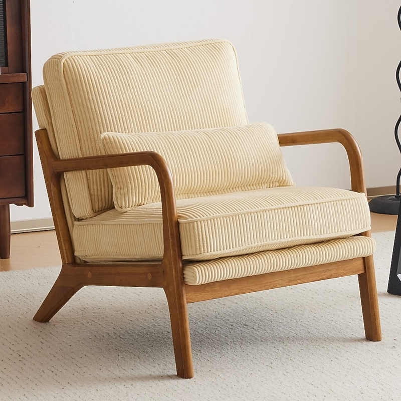 Accent Chair Light Yellow Corduroy Fabric Mid-Century Tapered Legs