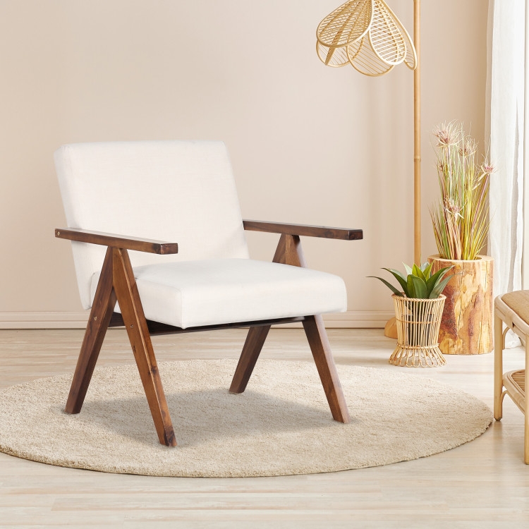 Accent Chair Linen Like Texture Curved Wood Frame Beige Open Back Design