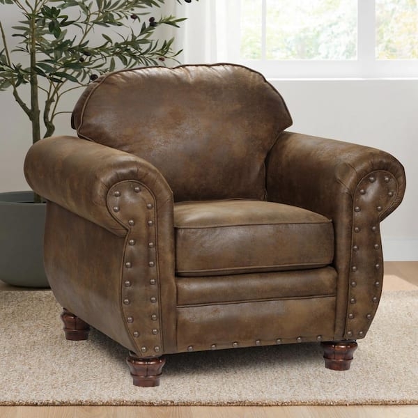 Accent Chair Lodge Pattern Rustic Microfiber Nailhead Trim Rolled Arms