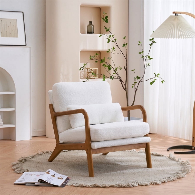 Accent Chair Lumbar Pillow Tapered Wood Legs, Mid-Century Reading Chair