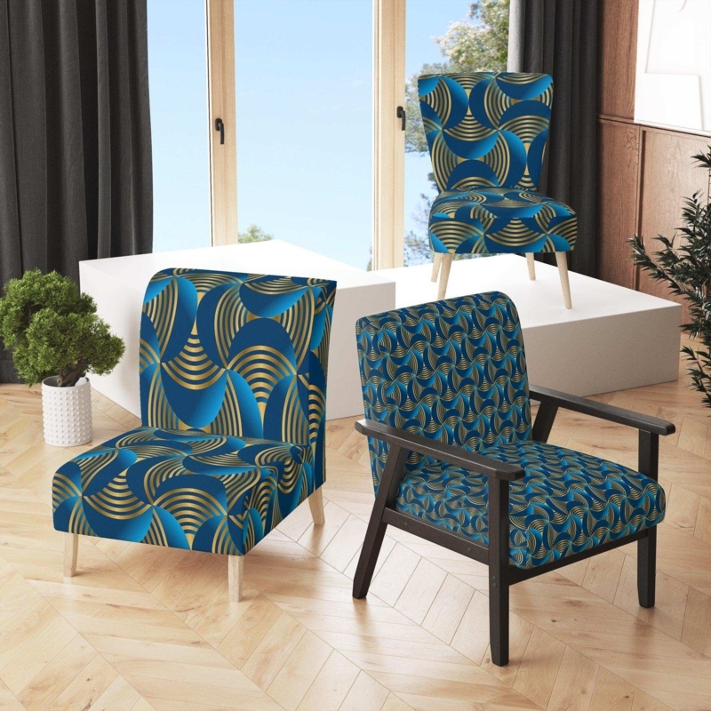 Accent Chair Marine Blue Gold Geometric Waves Wood Frame Tapered Legs