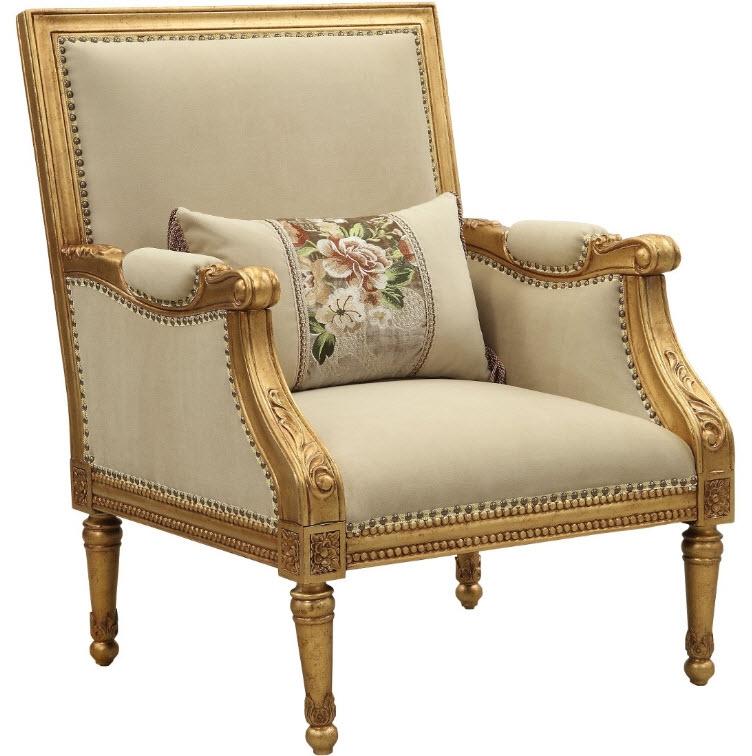 Accent Chair Metal Scrollwork Medallion Back Antique Gold Finish Beige