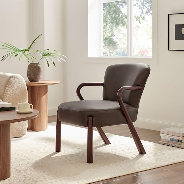 Accent Chair: Mid-Century Angled Wood Frame Dark Faux Leather