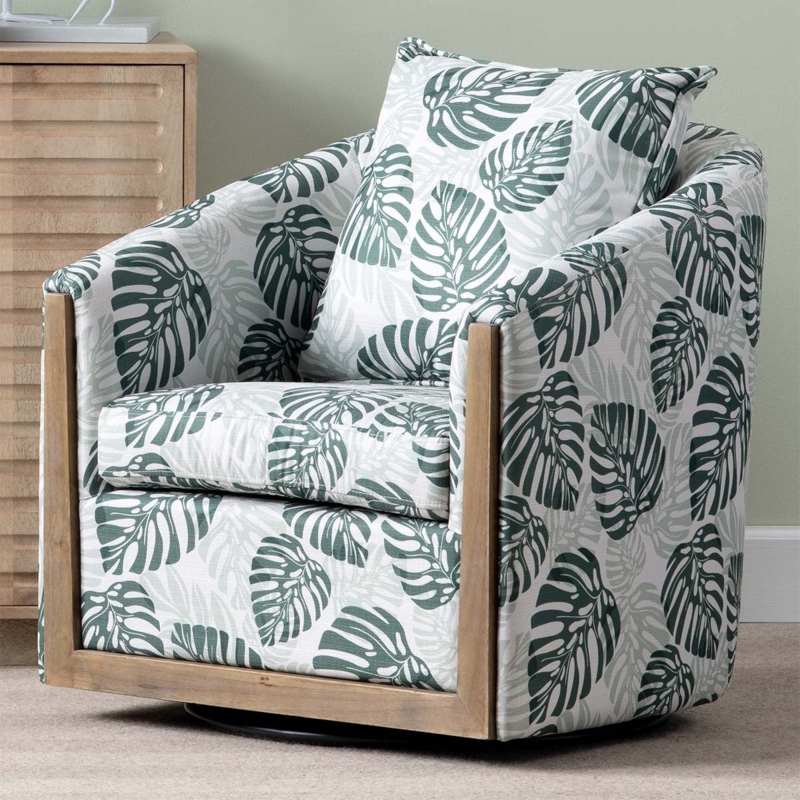 Accent Chair Mid-Century Angled Wooden Arms Palm Leaf Print