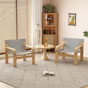 Accent Chair Mid-Century Angular Wood Frame Wide Flat Armrests Grey