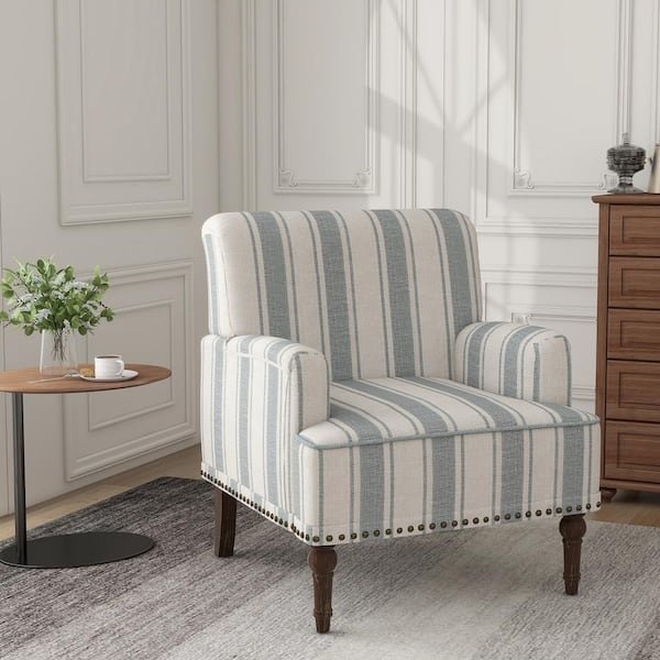 Accent Chair, Mid-Century Blue and Beige Striped with Splayed Legs