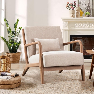 Accent Chair Mid-Century Modern Beige Tufted with Pillow
