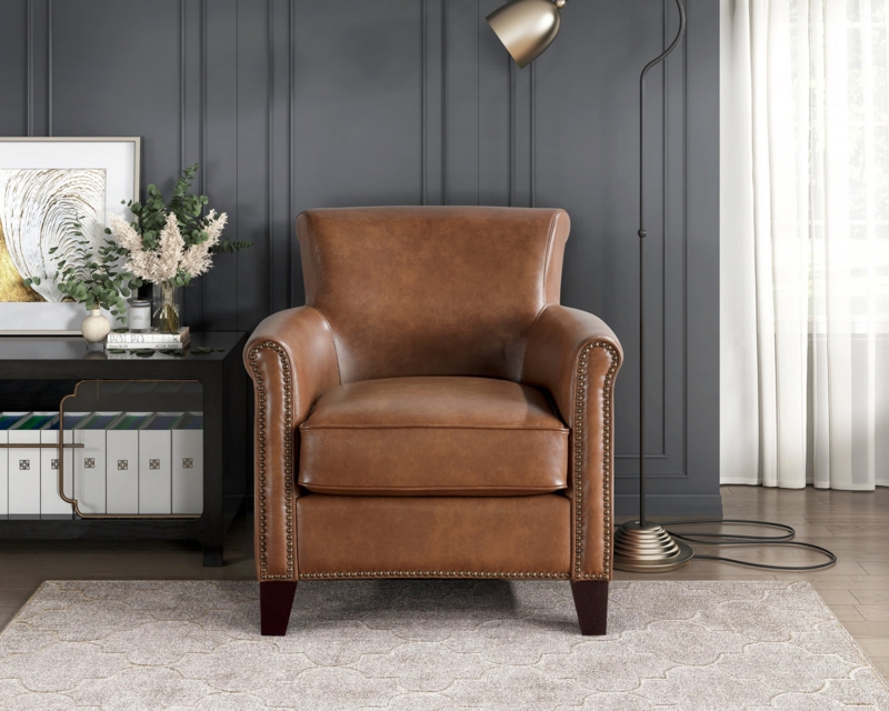 Accent Chair Mid Century Modern Cognac Leather Splayed Wood Legs