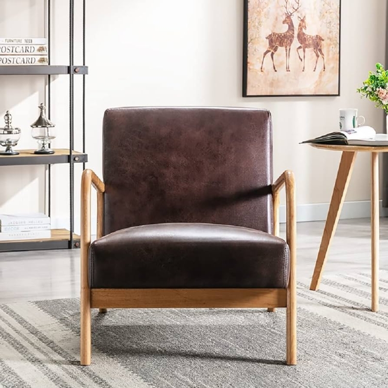 Accent Chair: Mid-Century Modern Dark Wood Open Frame Fabric