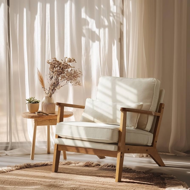 Accent Chair, Mid Century Modern with Wide Flat Armrests & Lumbar Pillow