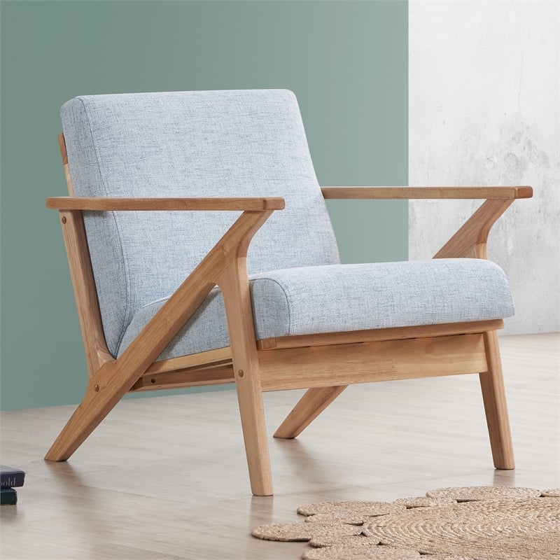 Accent Chair Mid-Century Oak Frame Light Blue Curved Arms Tufted