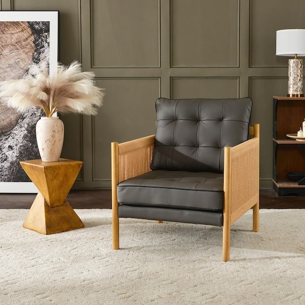 Accent Chair Modern Industrial Dark Gray Leather Rope Wrapped Arms