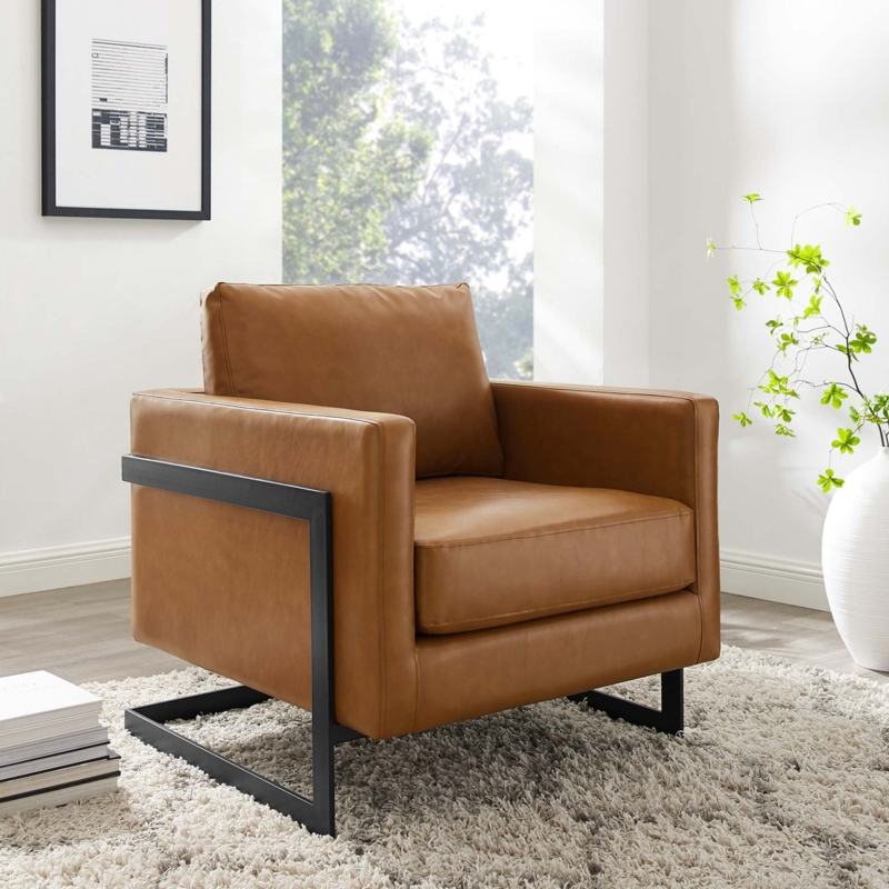 Accent Chair Modern Industrial Sling Seat Tan Leather-Like Piping