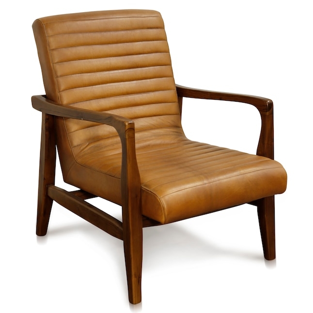Accent Chair, Modern Teak Wood Frame, Channel Stitched Leather, Angular