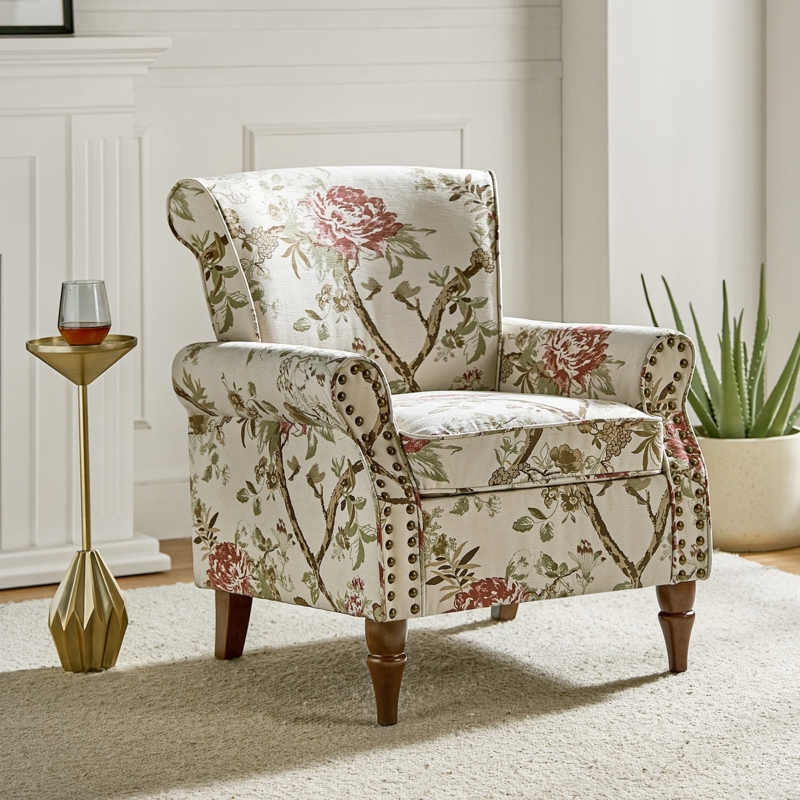 Accent Chair Multicolor Floral Pattern Rolled Arms, Classic Reading Chair