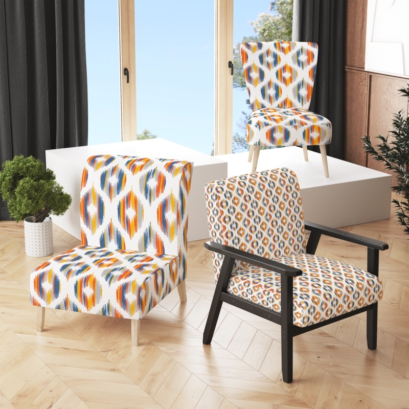 Accent Chair Multicolor Ikat Ogee Pattern Tapered Wood Legs Bohemian