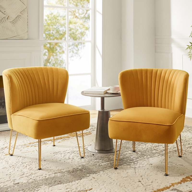 Accent Chair Mustard Velvet Armless Curved Back Gold Tapered Legs