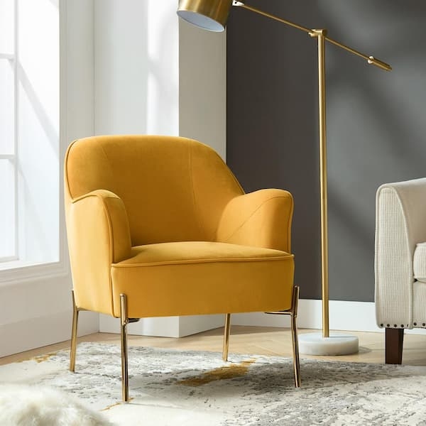 Accent Chair Mustard Velvet Barrel Back Splayed Gold Legs Mid-Century