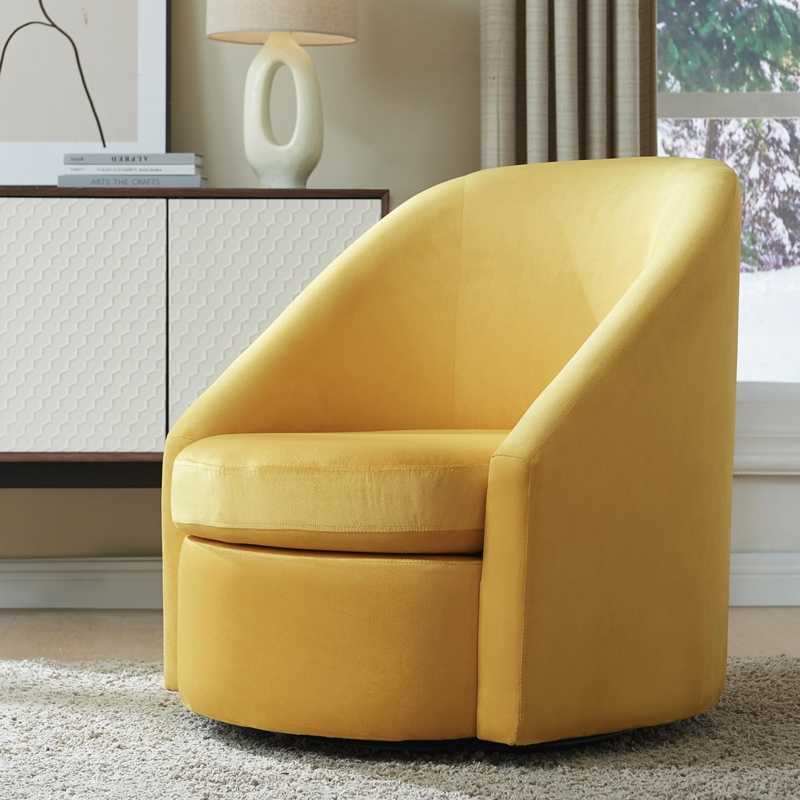 Accent Chair Mustard Yellow Velvet Swivel Barrel with Channel Tufting