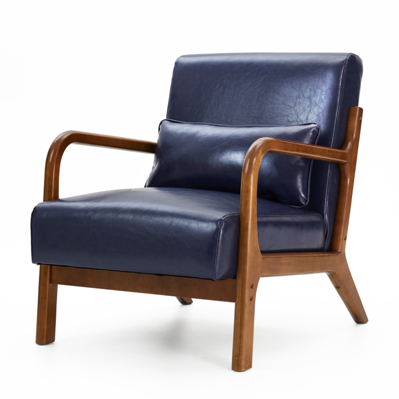 Accent Chair Navy Blue Faux Leather Splayed Wood Legs Piped