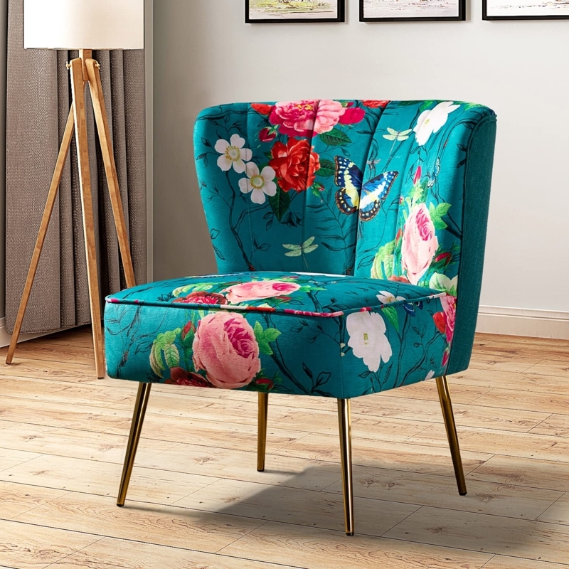 Accent Chair Navy Blue Floral Slipper with Gold Metal Legs