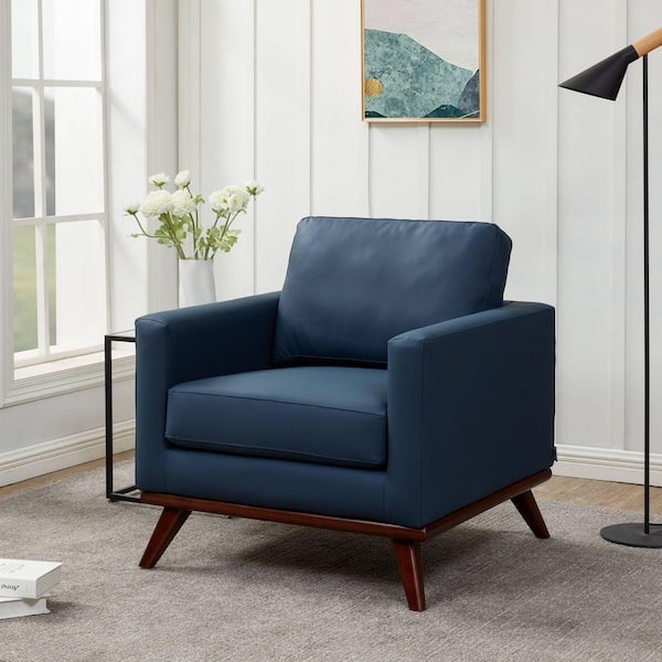 Accent Chair Navy Blue Leather-Like Upholstery Tapered Wood Legs