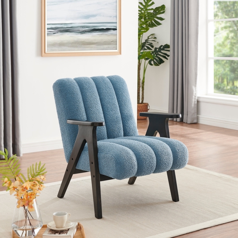 Accent Chair Navy Blue Sherpa Curved Open Back Frame Lounge Seat