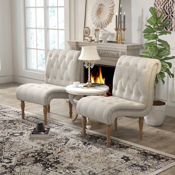 Accent Chair: Navy Blue Velvet Channel Tufted Armless Slipper Seat