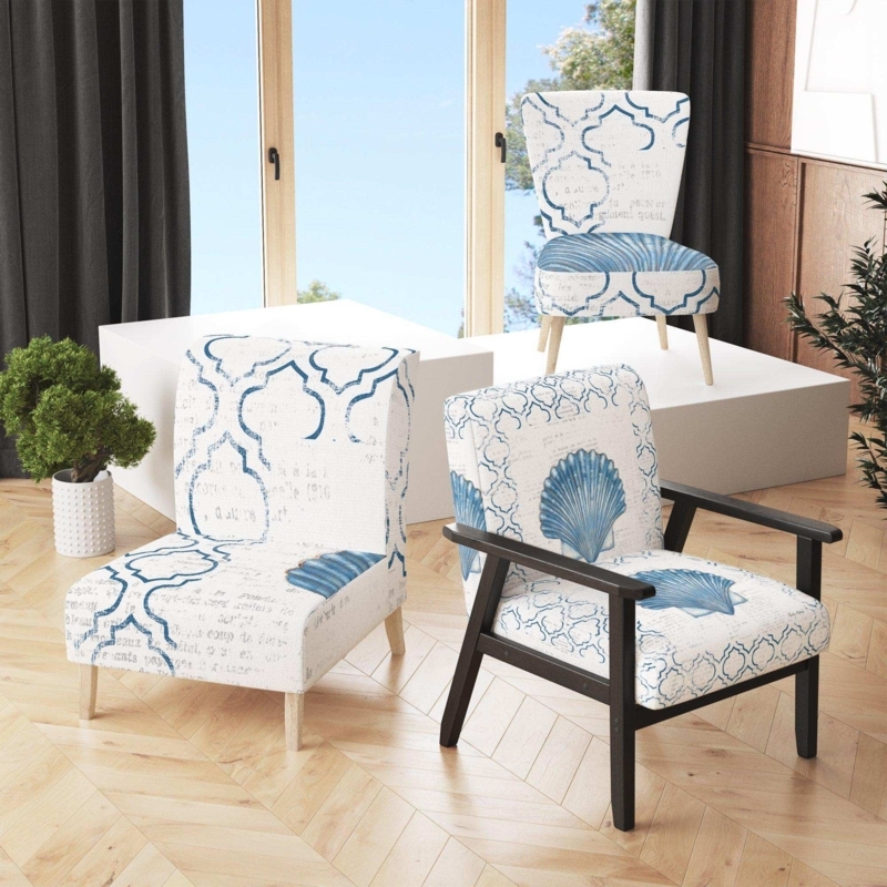 Accent Chair Navy Blue Velvet Scalloped Back Glam Coastal Gold Legs