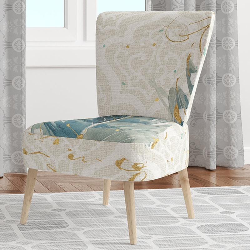 Accent Chair Navy Blue with Gilded Feather Motif and Metallic Legs