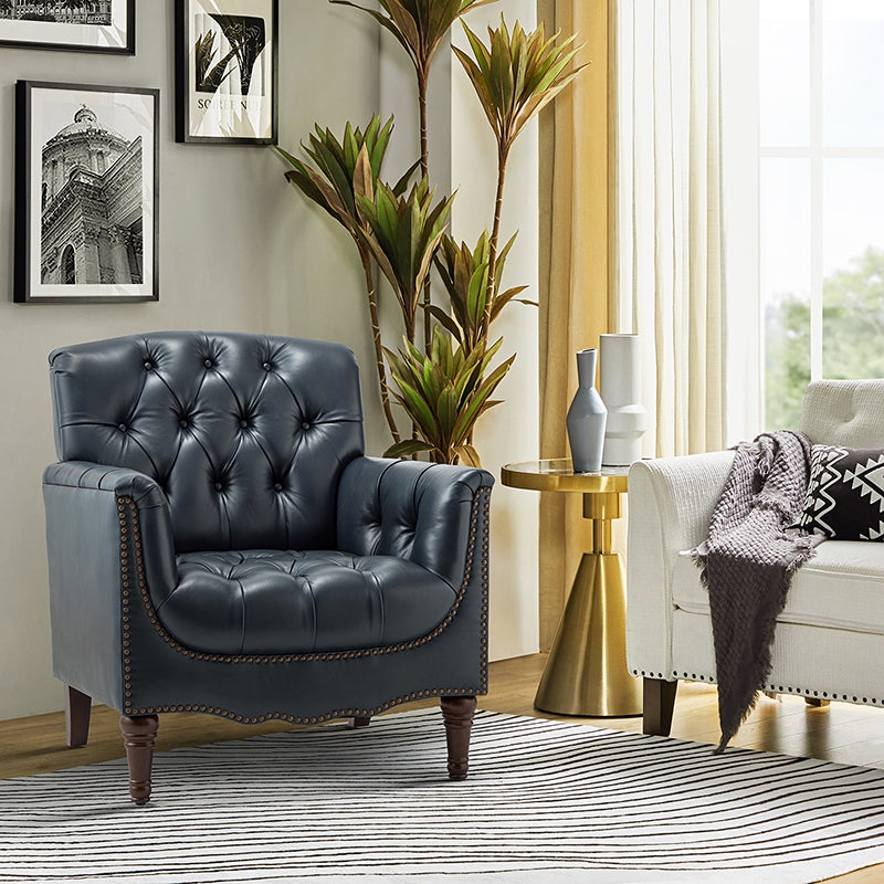 Accent Chair, Navy Leather-Like, Vertical Channel Tufting, Tapered Legs