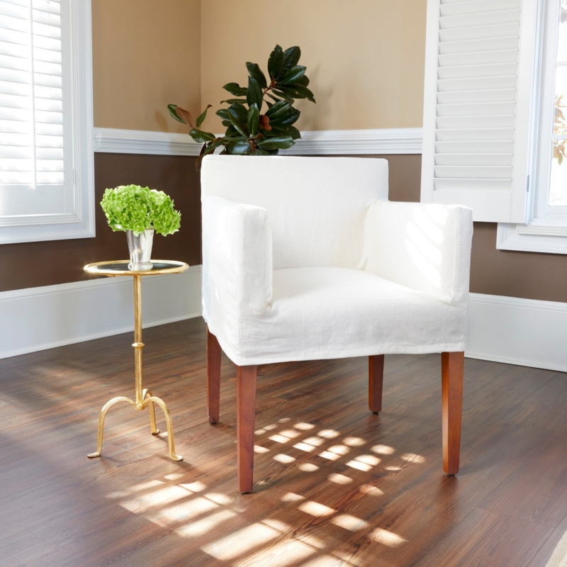 Accent Chair Neutral Slipcovered Track Arms Skirted Base