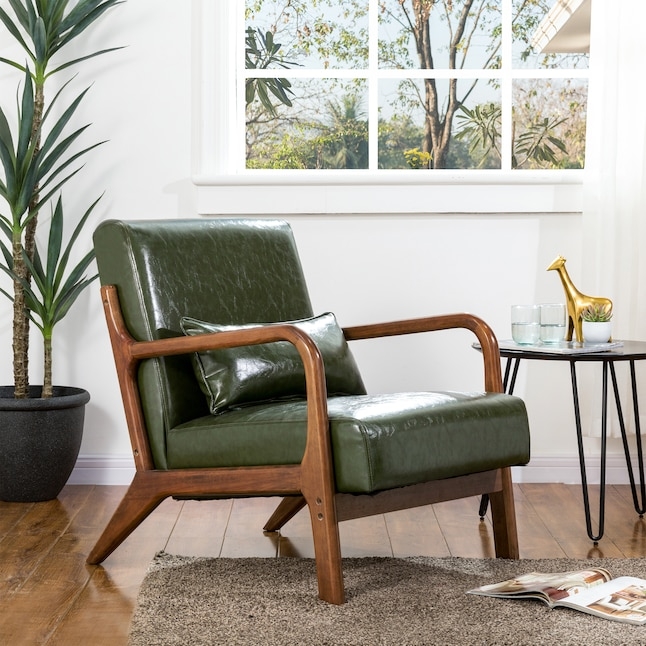 Accent Chair Olive Green Faux Leather Barrel Back Wood Legs