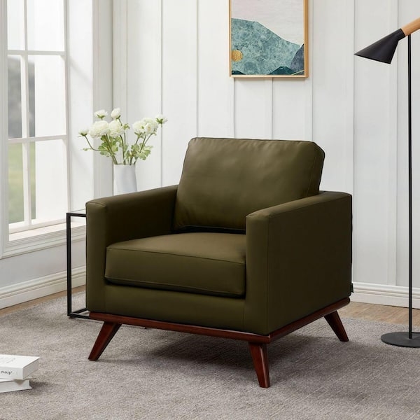 Accent Chair Olive Green Leather-Like Button Tufted Mid-Century