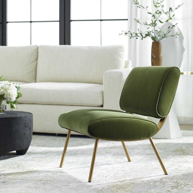 Accent Chair Olive Velvet Shell Back Brass Tapered Legs Glam Style