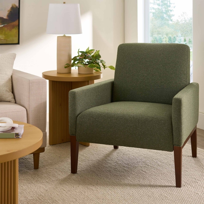 Accent Chair Olive Woven Barrel Form with Wood Legs Mid Century Modern