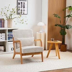 Accent Chair, Open Arm Frame, Beige Upholstery, Lumbar Pillow, Light Wood