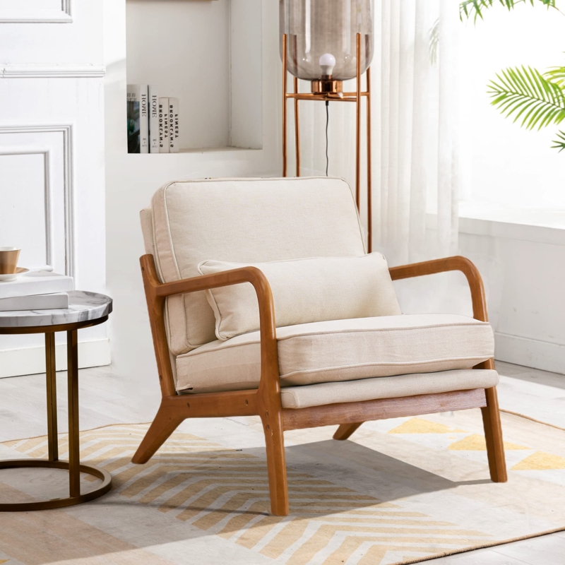 Accent Chair Open Armrests Natural Wood Frame, Mid Century Accent Chair