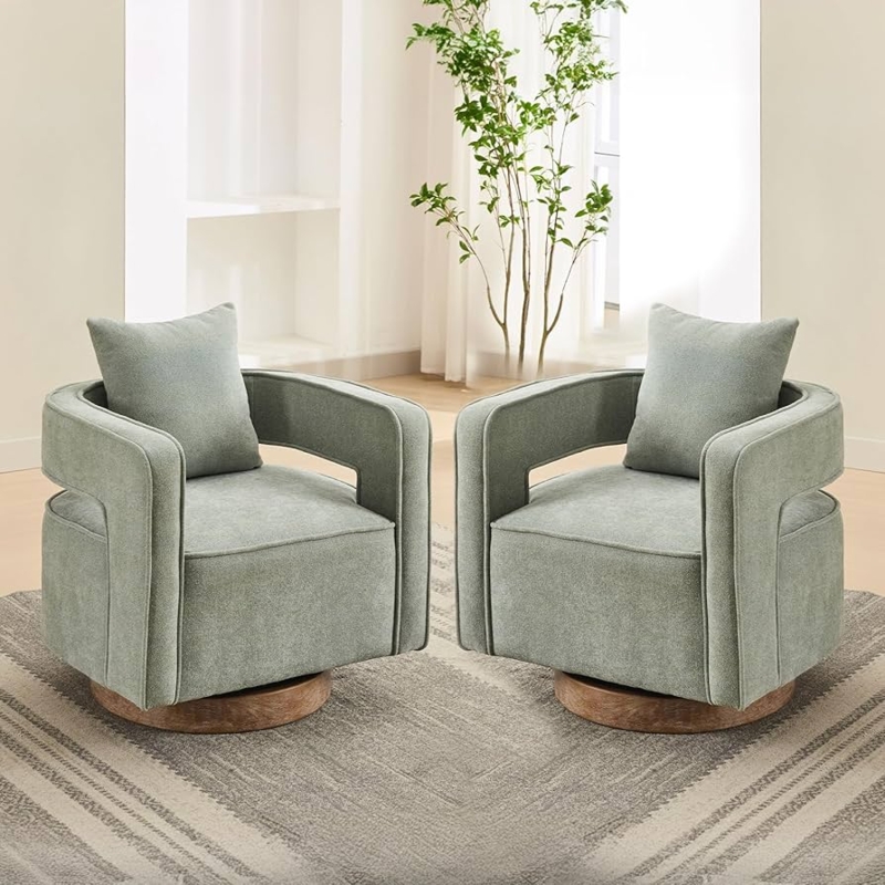 Accent Chair Open Back Cutout Swivel Base Beige Linen Like Fabric