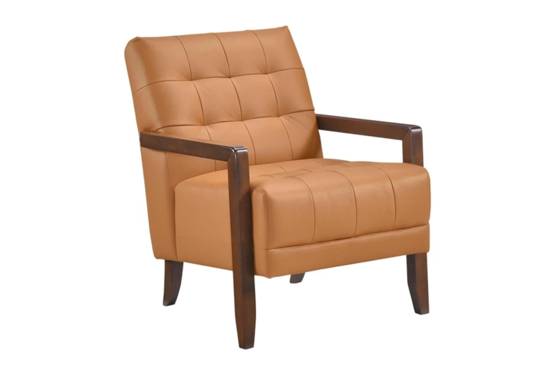 Accent Chair Orange Leather-Like Walnut Finish Mid-Century Retro